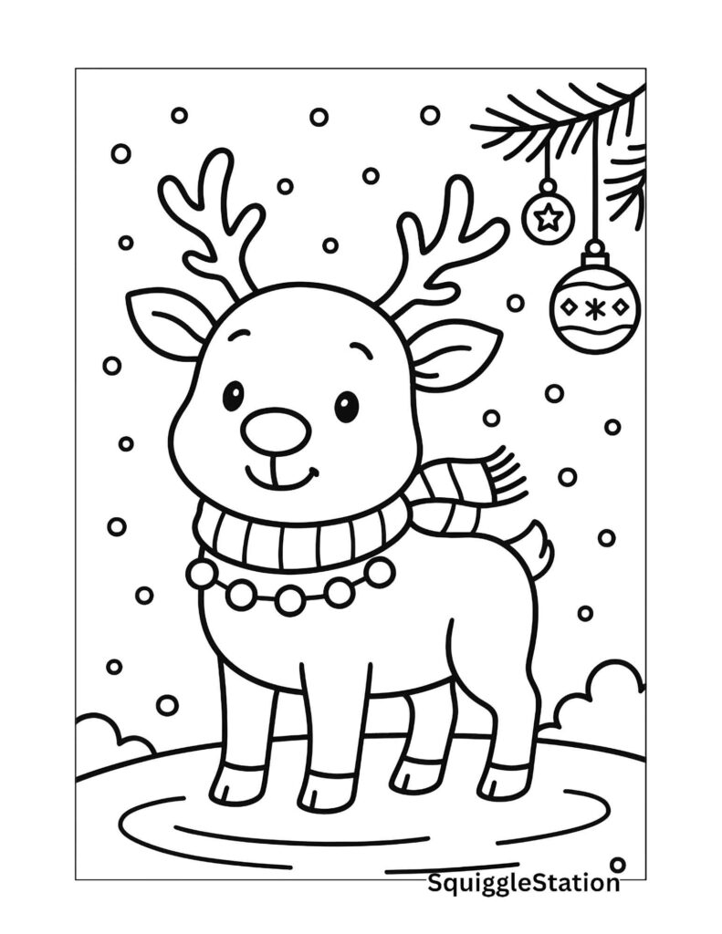 Cute cartoon reindeer with jingle bells around its neck standing under Christmas ornaments in the snow – free printable reindeer coloring page.