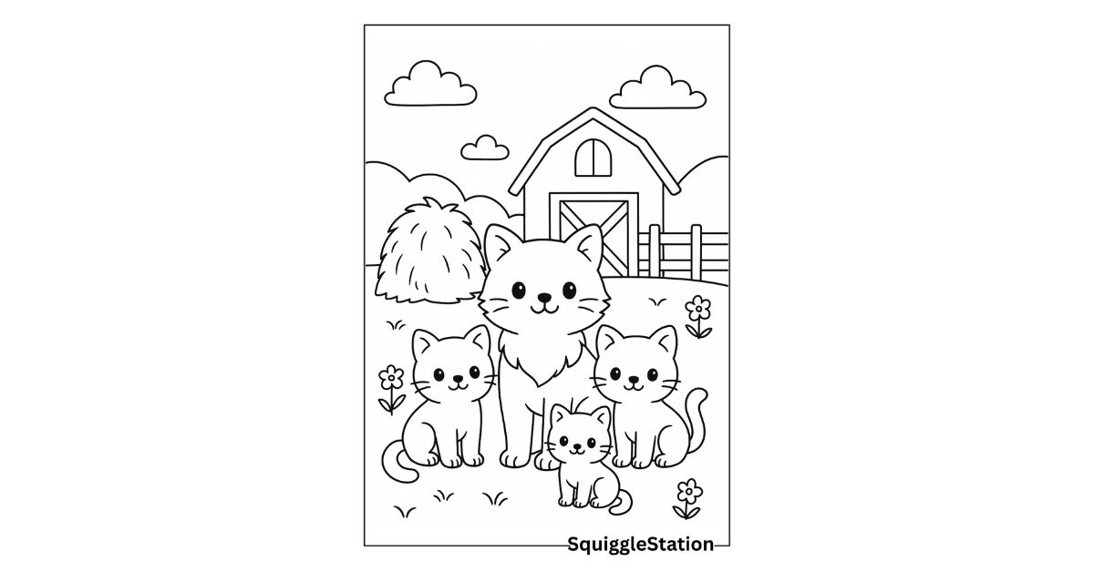 Barn cat coloring pages for kids – free cute farm kitten printables with simple bold outlines
