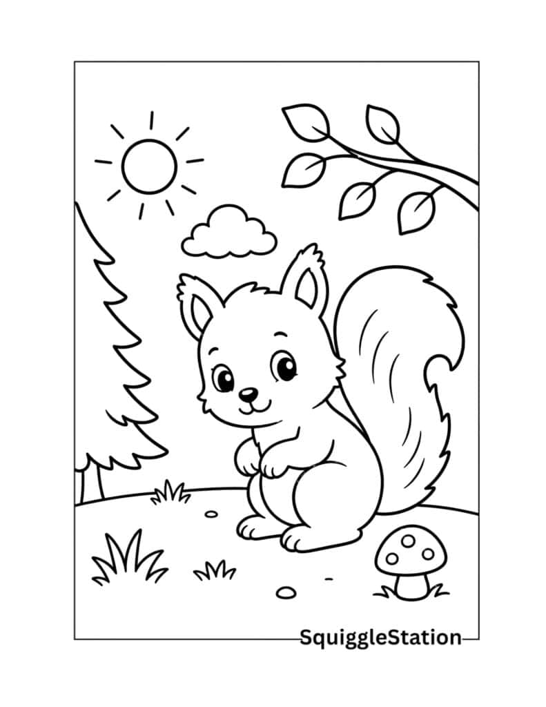 Cartoon squirrel coloring page with a playful woodland squirrel.