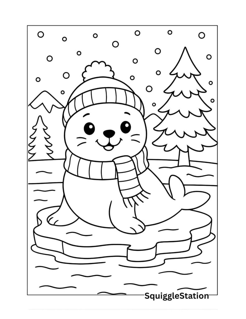 Cute baby seal wearing a hat and striped scarf sitting on ice with snowflakes and pine trees — free winter seal coloring page printable for kids.
