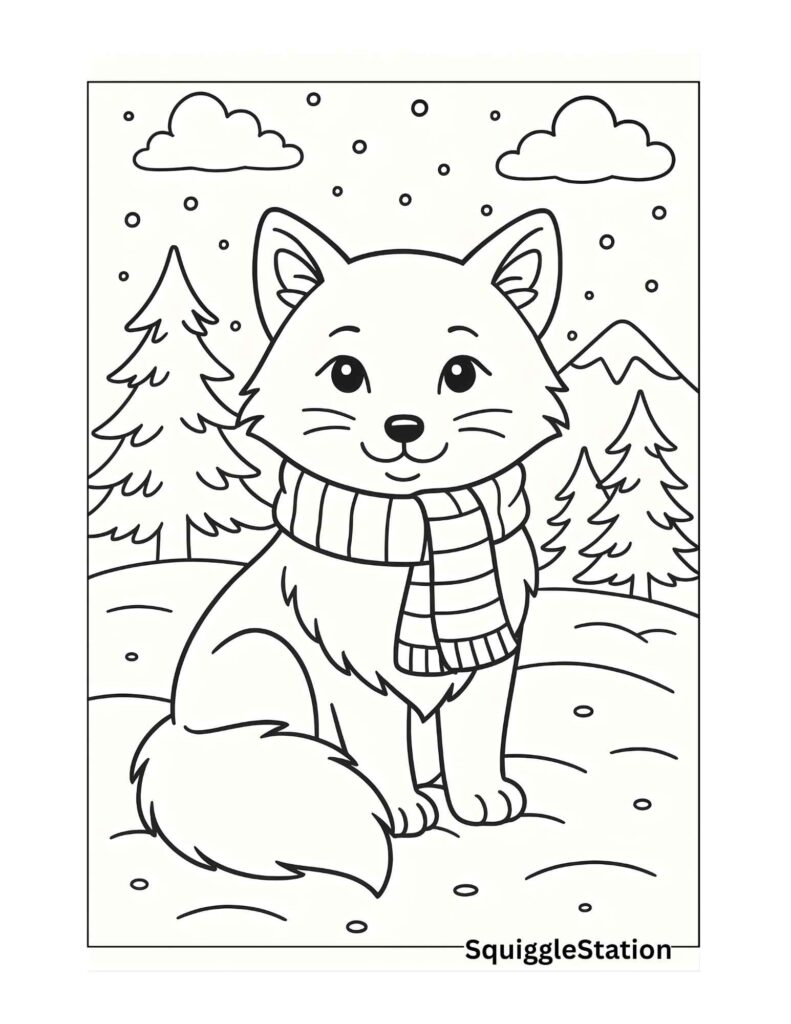 Adorable arctic fox wearing a scarf sitting in snow with pine trees and mountains — free winter arctic fox coloring page printable for kids.