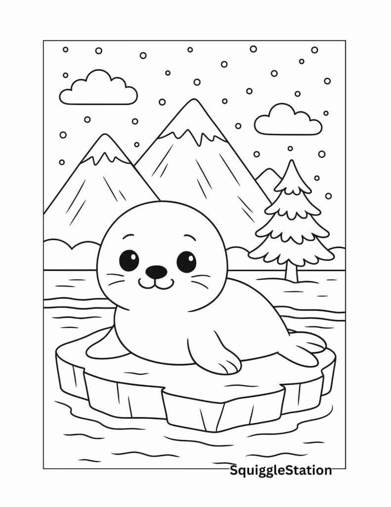 Adorable baby seal resting on an ice sheet with snowy mountains and pine tree in the background — free winter animal coloring page printable for kids.