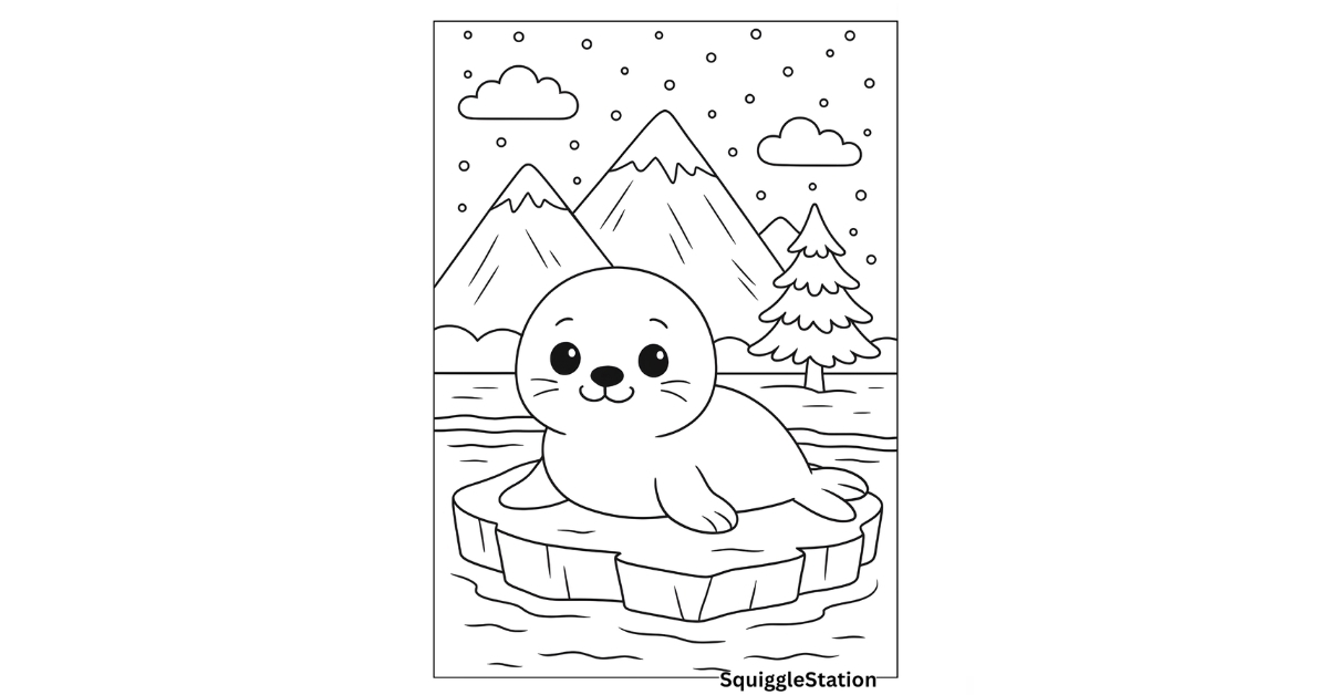Cute baby seal resting on an icy patch with snowy mountains and pine tree — free winter seal coloring pages for kids printable PDF
