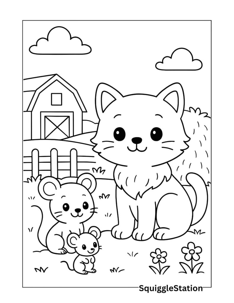 Cute barn cat and friendly mouse coloring page – farm animals with bold outlines, flowers, hills, and a simple barn scene, free printable for kids