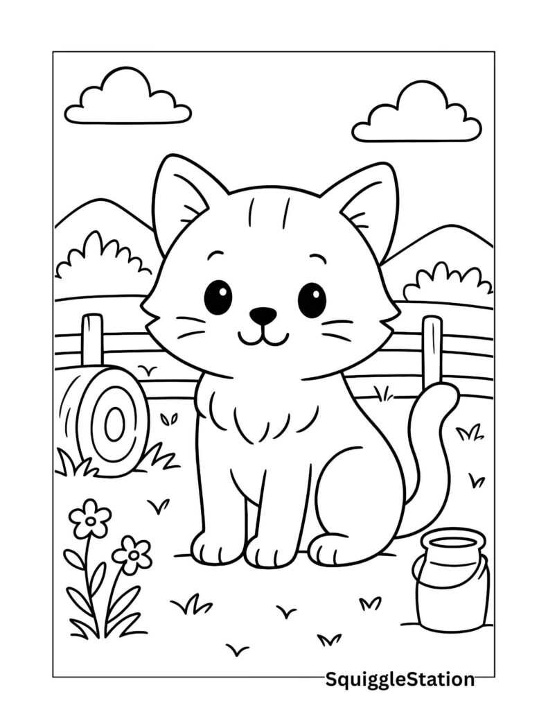 Cute barn cat coloring page for kids – farm kitten scene with hay bale, fence, hills, and bold outlines, free printable