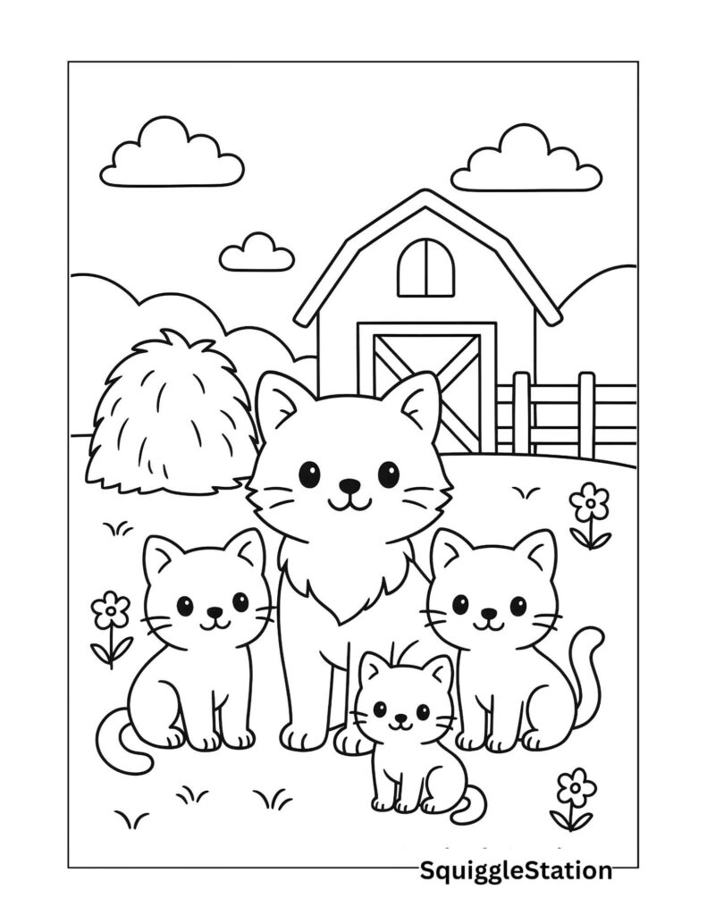 Cute barn cat family coloring page –mama cat with three kittens in front of a barn, bold outlines, simple farm scene, free printable for kids
