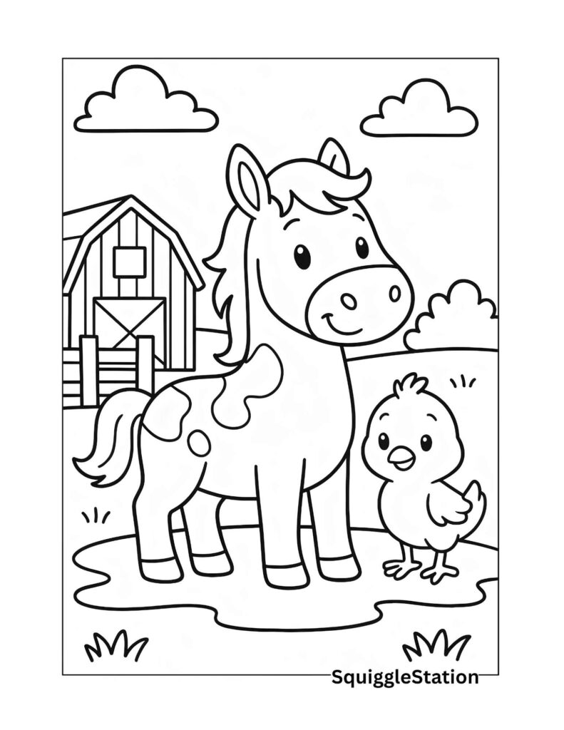 cute horse coloring page free printable for kids — friendly cartoon farm horse standing near a barn and fence with a baby chick, fun easy coloring sheet