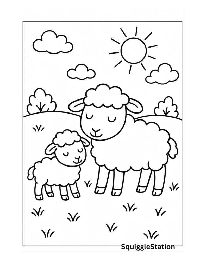 cute sheep and lamb coloring page free printable for kids — adorable cartoon mother sheep and baby lamb standing in a sunny grassy field with clouds, easy farm animal coloring sheet