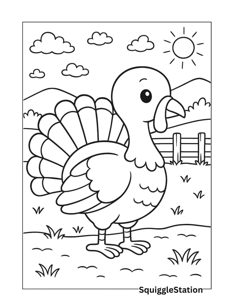 Cute single turkey coloring page for kids – simple farm turkey with bold outlines, free printable worksheet