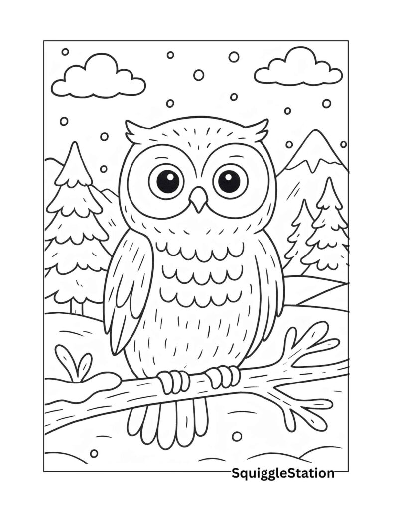 Adorable snowy owl perched in snowy forest with mountains and pine trees — free winter snowy owl coloring page printable for kids.