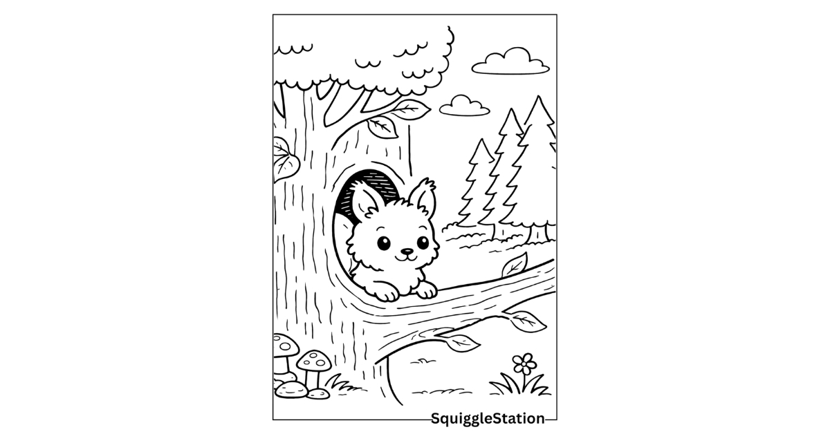Cute squirrel coloring pages featuring adorable woodland squirrels, free printable for kids