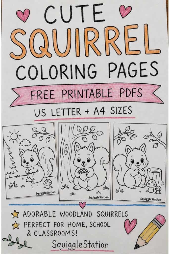 Cute Squirrel Coloring Pages (Free Printable PDFs) 7 Pinterest pin featuring cute squirrel coloring pages with free printable woodland squirrel PDF coloring sheets for kids.