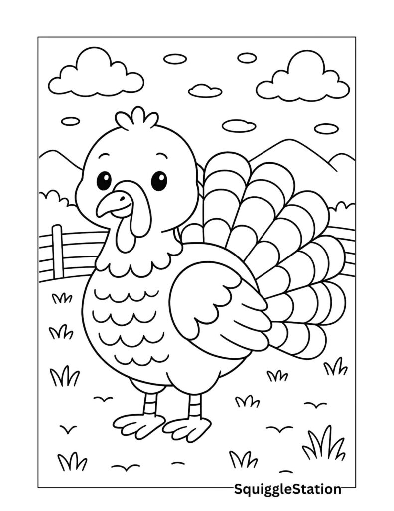 Cute turkey coloring page– simple farm turkey with bold outlines, hills, fence, and grass, free printable for kids