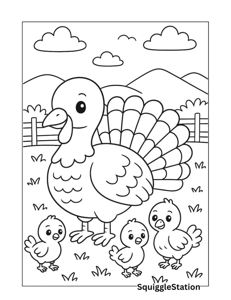 Cute turkey family coloring page – farm turkeys with bold outlines in a simple pasture scene, free printable animal worksheet for kids