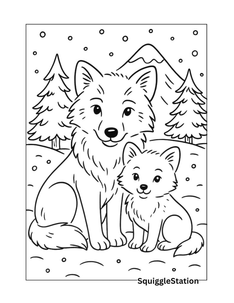 Free Winter Wolf Coloring Pages (Printable Arctic & Woodland Pack Designs) 3 Adorable wolf and pup sitting together in snowy forest with pine trees and mountains — free winter wolf coloring page printable for kids.