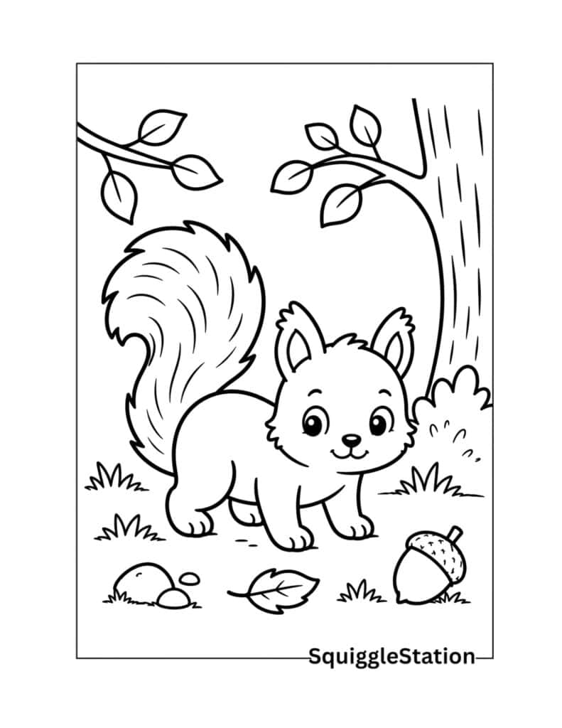 Cute woodland squirrel coloring page with a simple forest animal design.