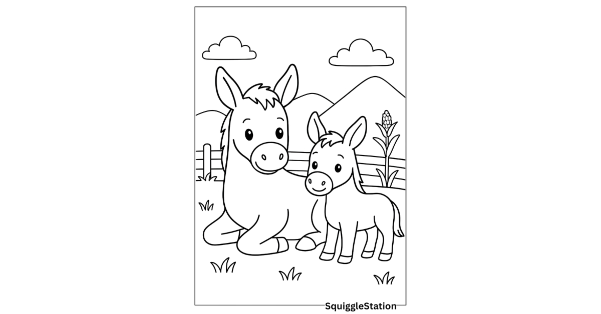 Free Donkey Coloring Pages (Cute Farm Donkey Printables for Kids) 1 Cute mama and baby donkey coloring pages – free printable farm donkey sheets for kids