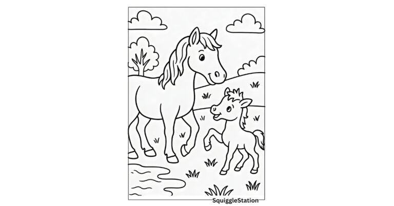 friendly horse coloring pages for kids — free printable farm animal coloring sheets featuring cute cartoon horses with flowing manes and simple barnyard scenes