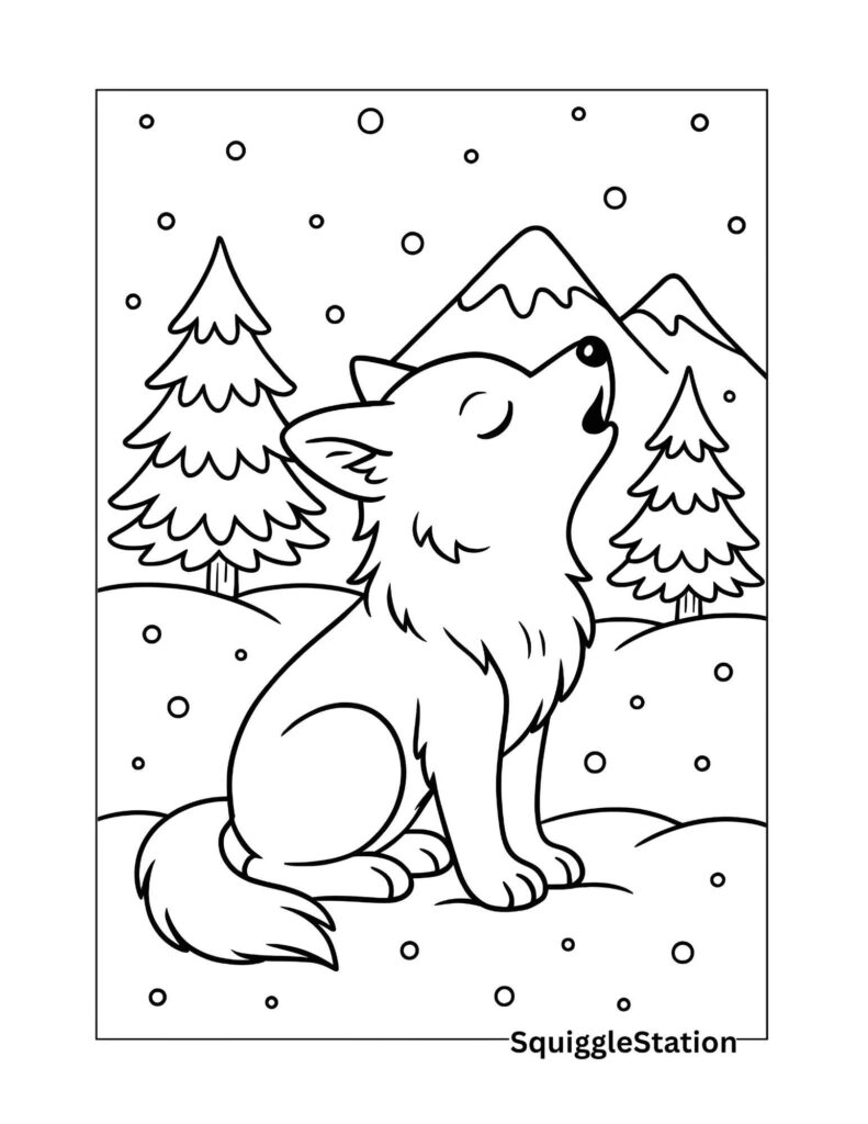 Free Winter Wolf Coloring Pages (Printable Arctic & Woodland Pack Designs) 2 Cute wolf howling at the sky in snowy forest with pine trees and mountains — free winter wolf coloring page printable for kids.