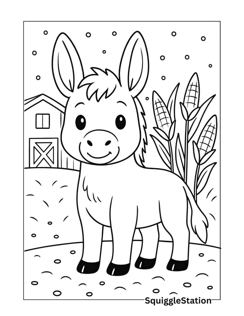 Free Donkey Coloring Pages (Cute Farm Donkey Printables for Kids) 2 Kawaii donkey farm coloring page – cute donkey with barn and corn plants, free printable for kids,