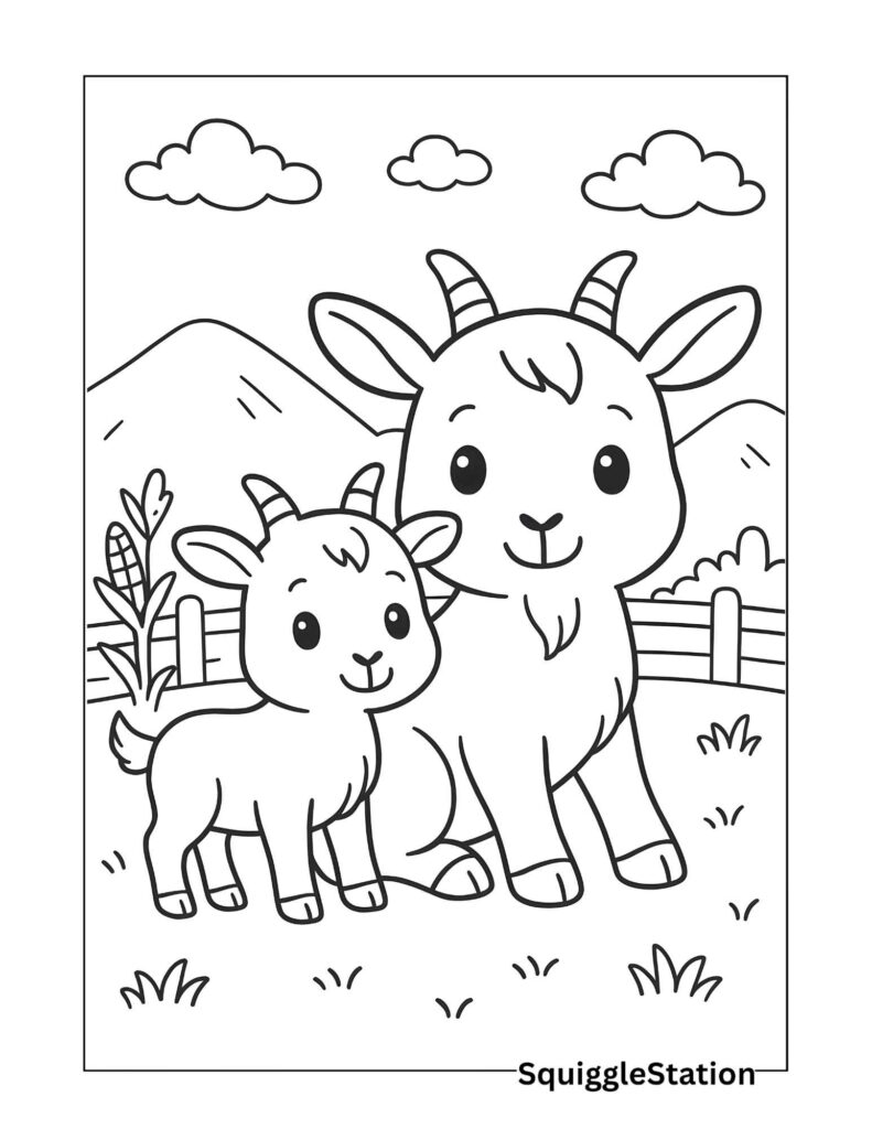 Kawaii mama and baby goat coloring page – farm goats with bold outlines, mountains, fence, clouds, and simple details, free printable for kids