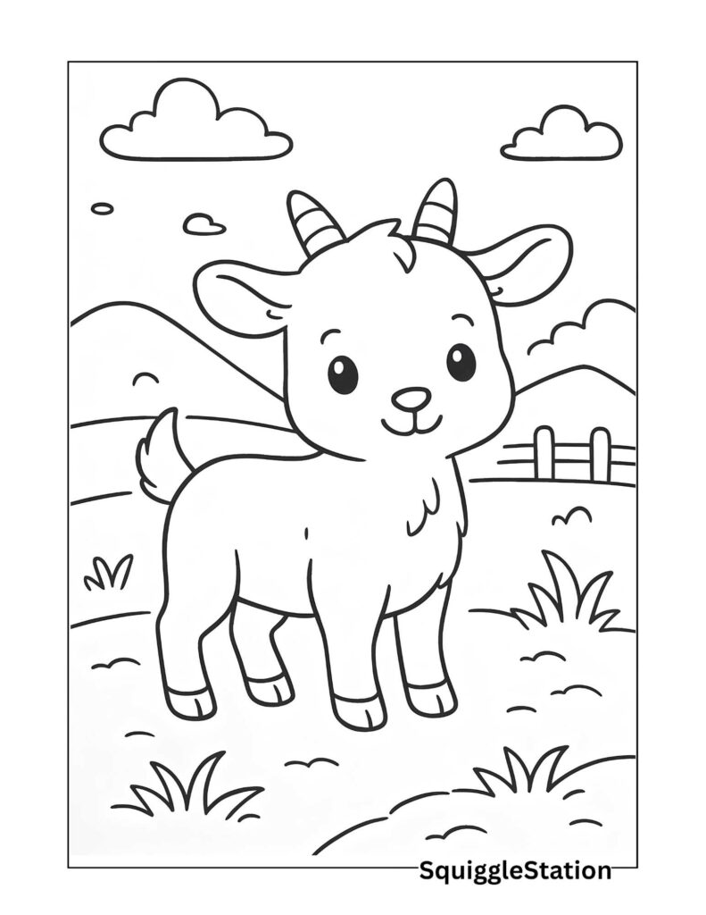Kawaii single goat coloring page – cute farm goat with bold outlines, hills, fence, grass, and simple details, free printable for kids