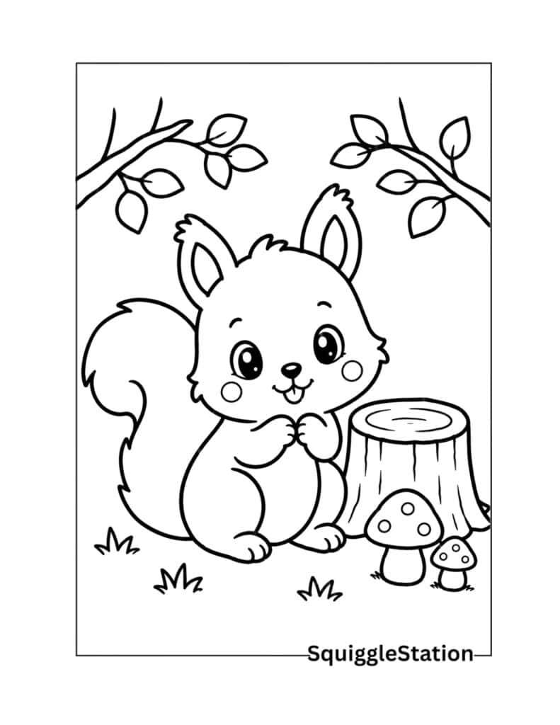 Kawaii squirrel coloring page with a smiling woodland squirrel.