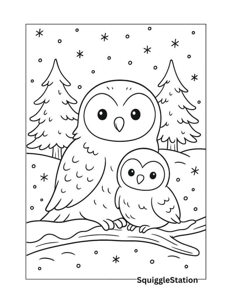 Cute snowy owl mother and baby sitting on tree branch surrounded by pine trees and snow — free winter owl coloring page printable for kids.