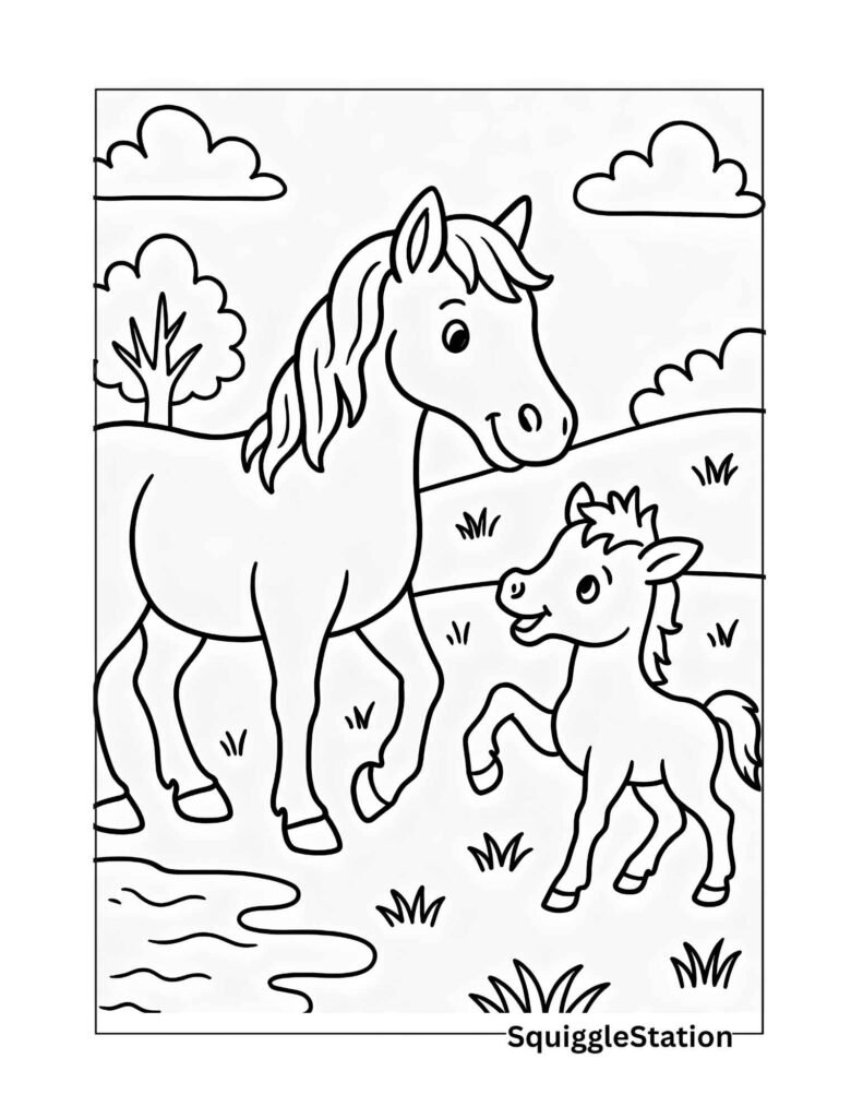 mother and baby horse coloring page free printable for kids — cute farm animal coloring sheet featuring a mare and her foal playing in a grassy field under the clouds