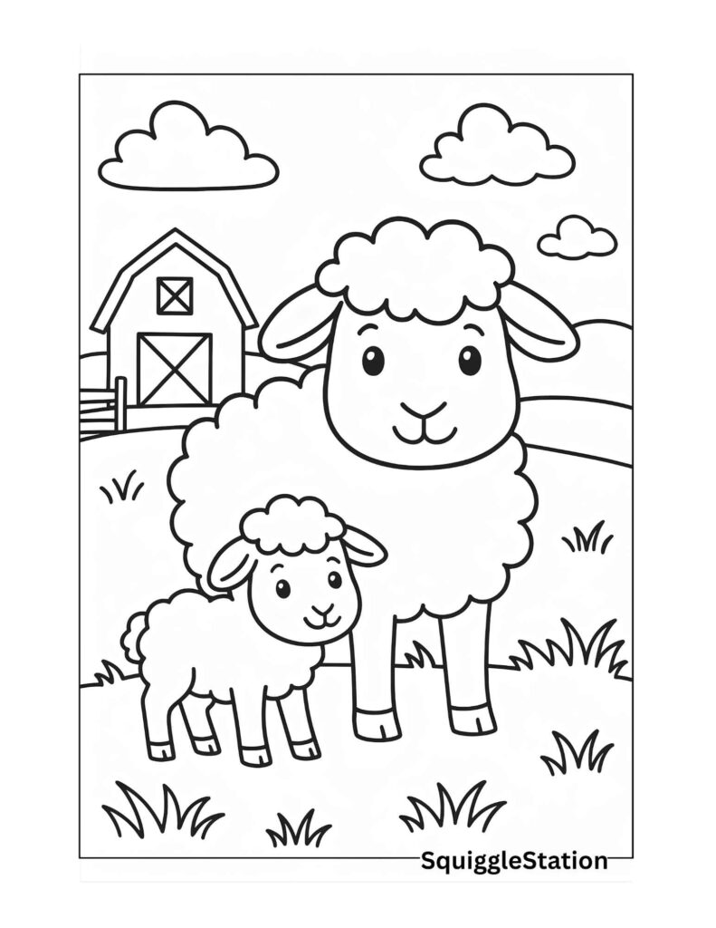 sheep and lamb coloring page free printable for kids — cute cartoon mother sheep and baby lamb standing in a grassy field near a barn, easy farm animal coloring sheet