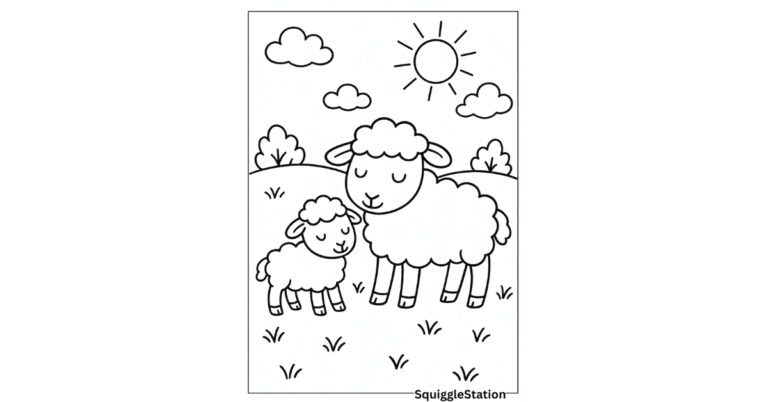sheep and lamb coloring pages for kids — free printable farm animal coloring sheets featuring cute cartoon mother sheep and baby lambs in sunny grassy fields