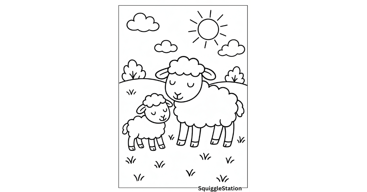 sheep and lamb coloring pages for kids — free printable farm animal coloring sheets featuring cute cartoon mother sheep and baby lambs in sunny grassy fields