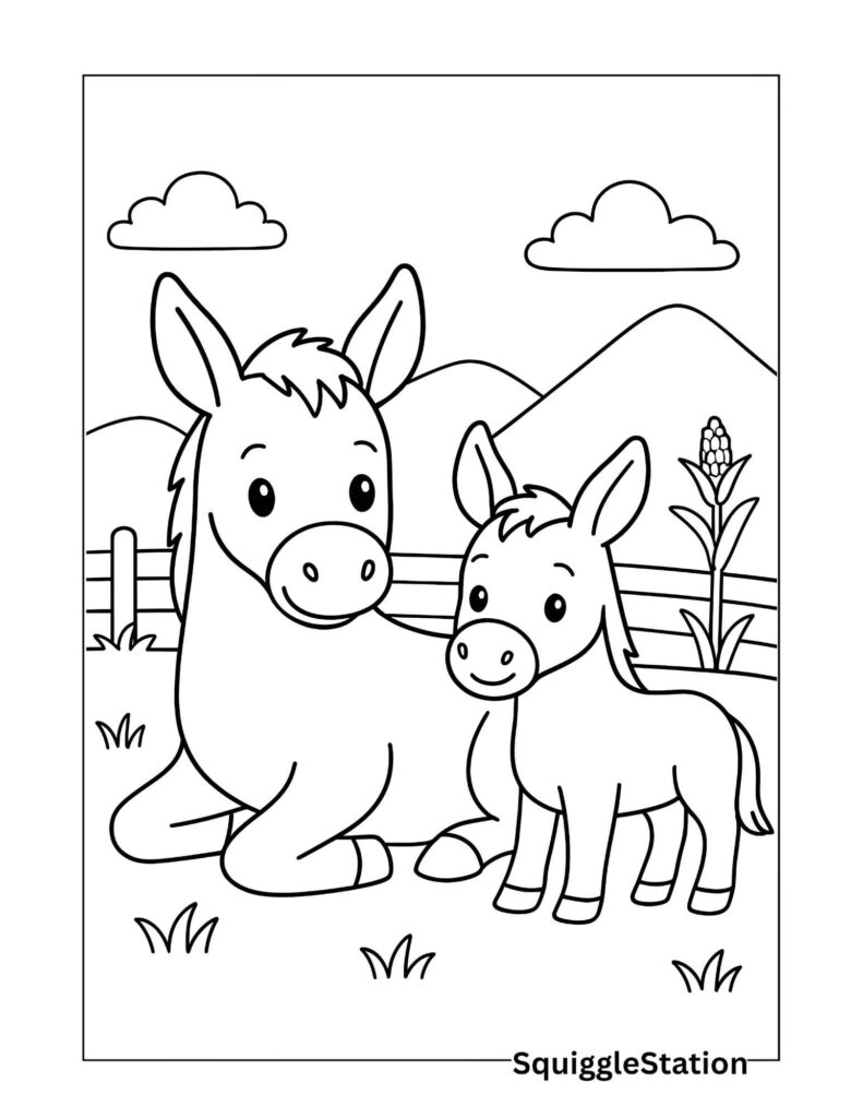 Free Donkey Coloring Pages (Cute Farm Donkey Printables for Kids) 3 Simple cute mother and baby donkey coloring page with bold black outlines – easy farm scene for kindergarten through third grade, free printable