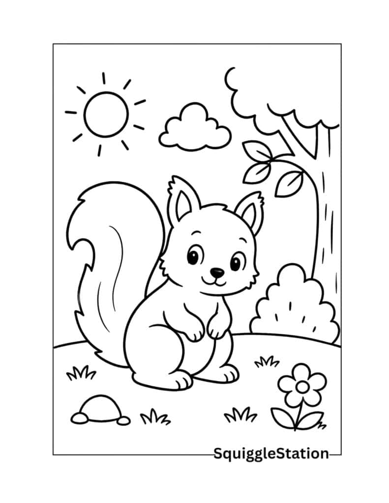 Simple squirrel coloring page with thick easy-to-color outlines.