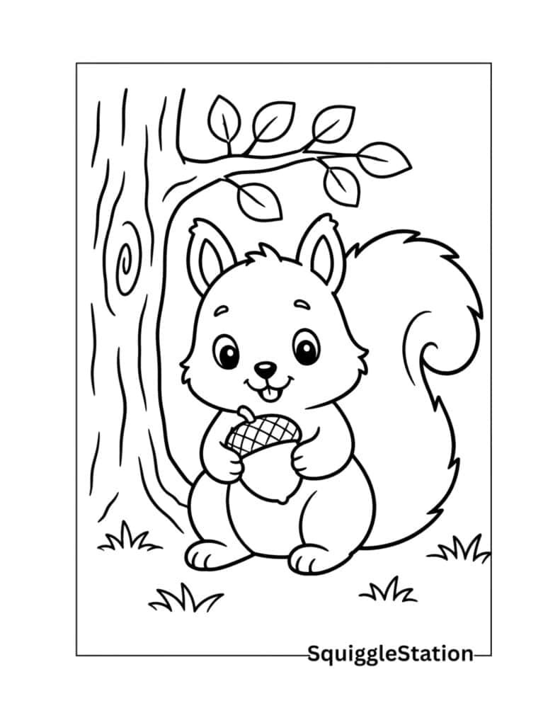 Cute squirrel holding an acorn coloring page with a smiling woodland squirrel.