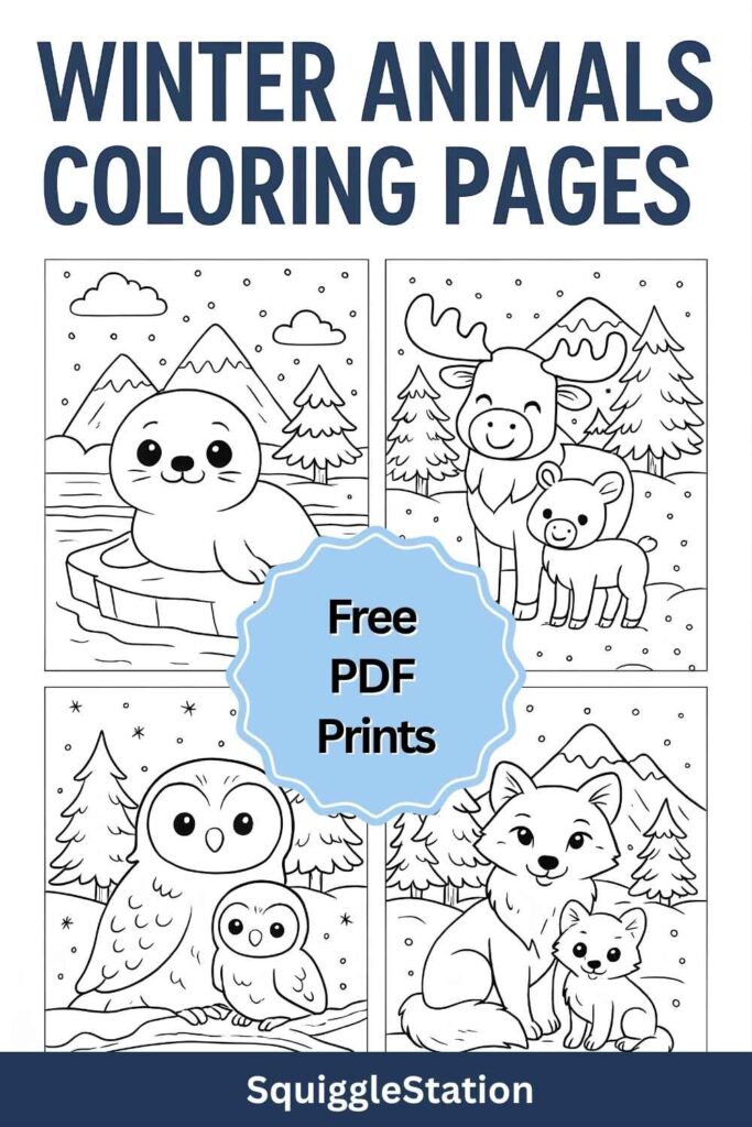 Free winter animals coloring pages for kids — cute printable seal, moose, owl, and arctic fox coloring sheets in a vertical collage.