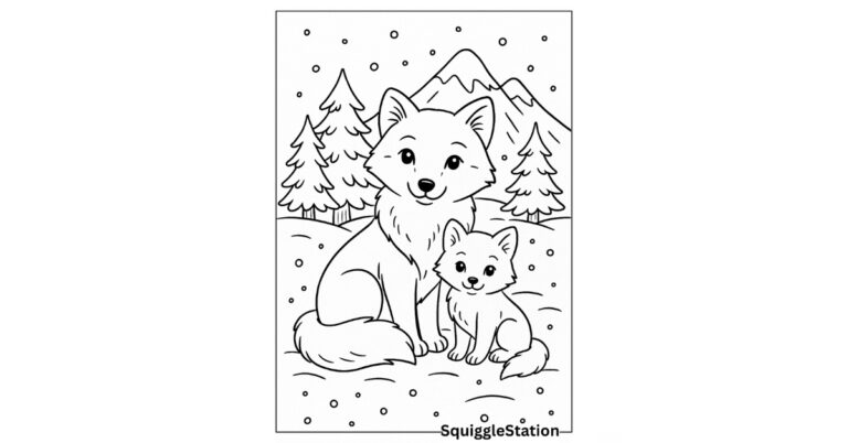 Cute arctic fox sitting in snow with pine trees and mountains — free winter arctic fox coloring pages printable for kids.