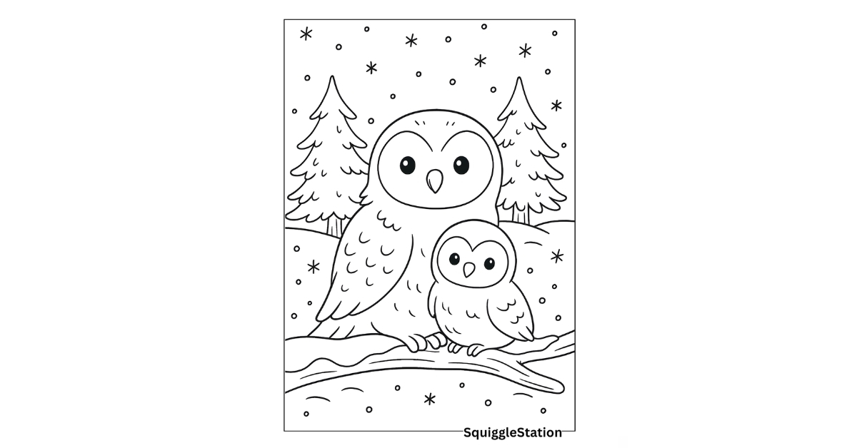 Cute snowy owl sitting on a tree branch surrounded by pine trees and snow — free winter snowy owl coloring pages printable for kids.