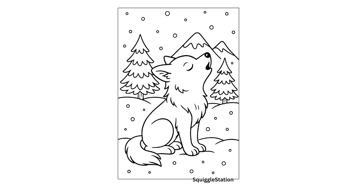 Free Winter Wolf Coloring Pages (Printable Arctic & Woodland Pack Designs) 1 Cute wolf howling in snowy forest with pine trees and mountains — free winter wolf coloring pages printable for kids.