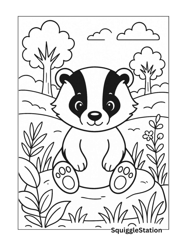 Cute Badger Coloring Pages (Free Woodland Printables) 3 Cute baby badger coloring page in a simple woodland scene, free printable coloring sheet for kids.