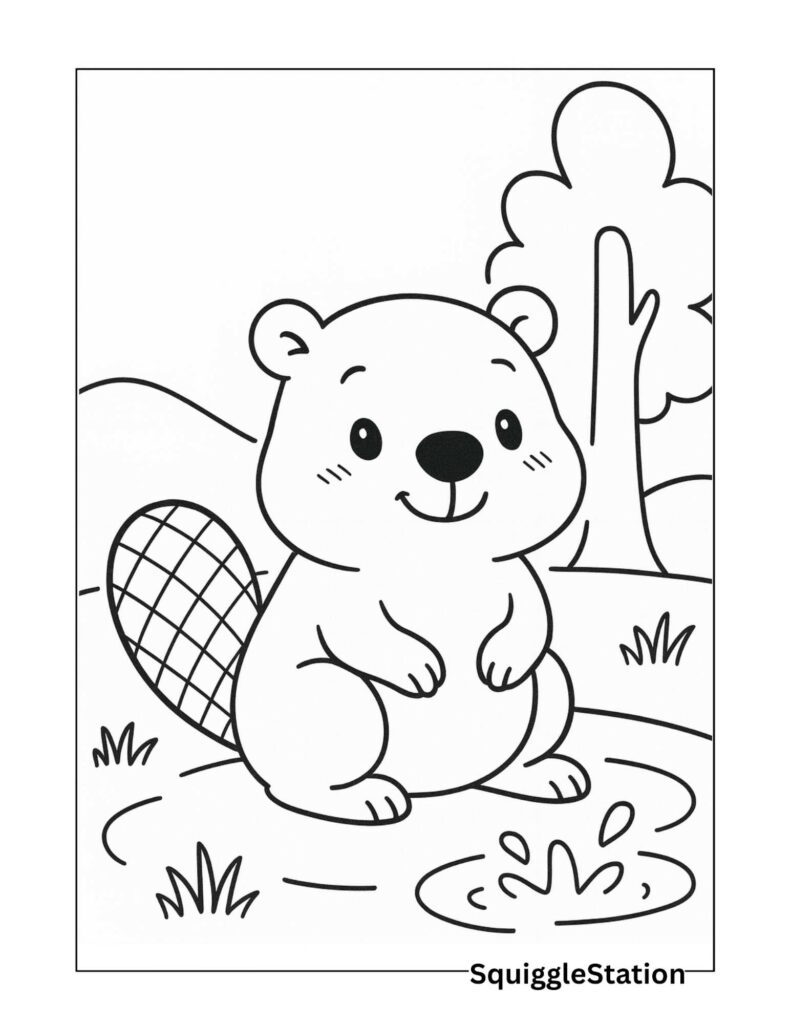 Cute baby beaver coloring page in a simple woodland scene, free printable coloring sheet for kids.
