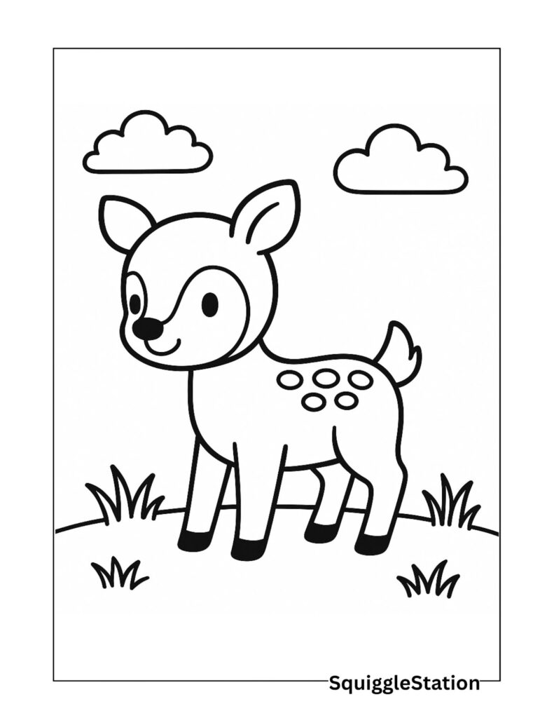 Cute baby fawn coloring page with a simple woodland background, easy printable coloring sheet for kids.