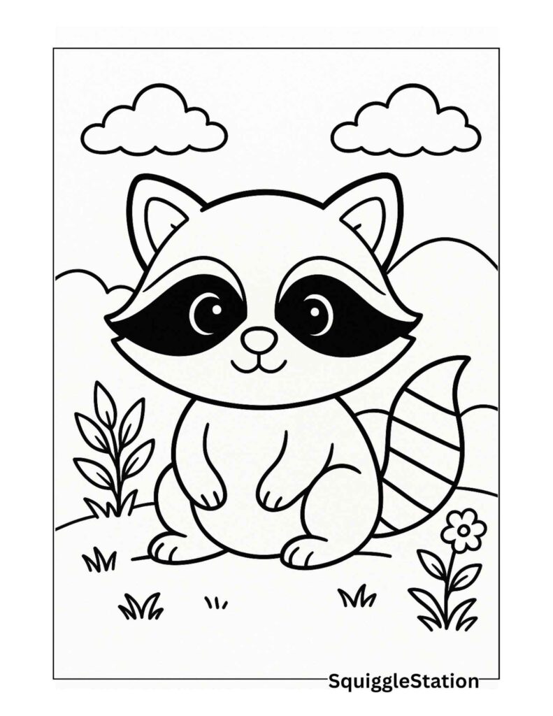 Cute Raccoon Coloring Pages (Free Woodland Printable Sheets) 5 Cute baby raccoon coloring page in a simple woodland scene, free printable coloring sheet for kids.