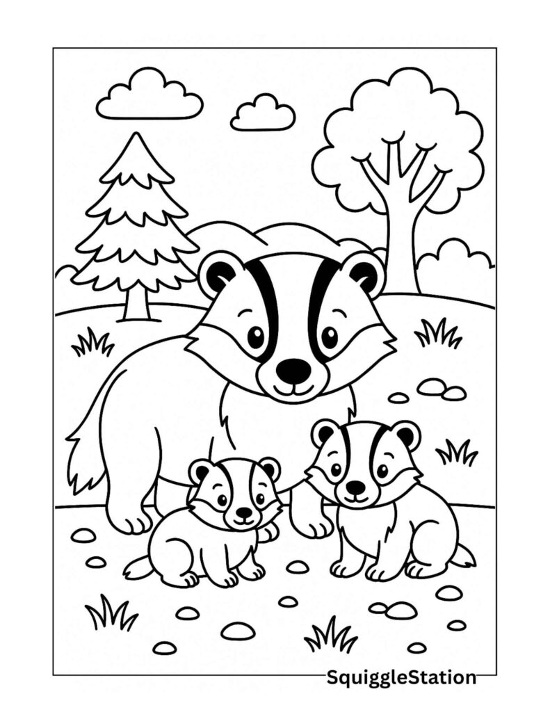 Cute Badger Coloring Pages (Free Woodland Printables) 5 Cute badger family coloring page featuring a parent badger and cubs in a woodland scene, free printable for kids.