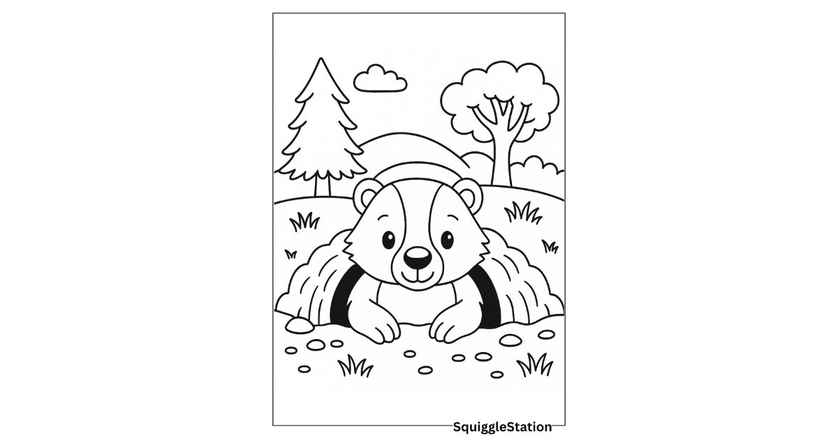 Cute Badger Coloring Pages (Free Woodland Printables) 1 Cute badger coloring pages featuring an adorable woodland badger, free printable coloring sheets for kids.