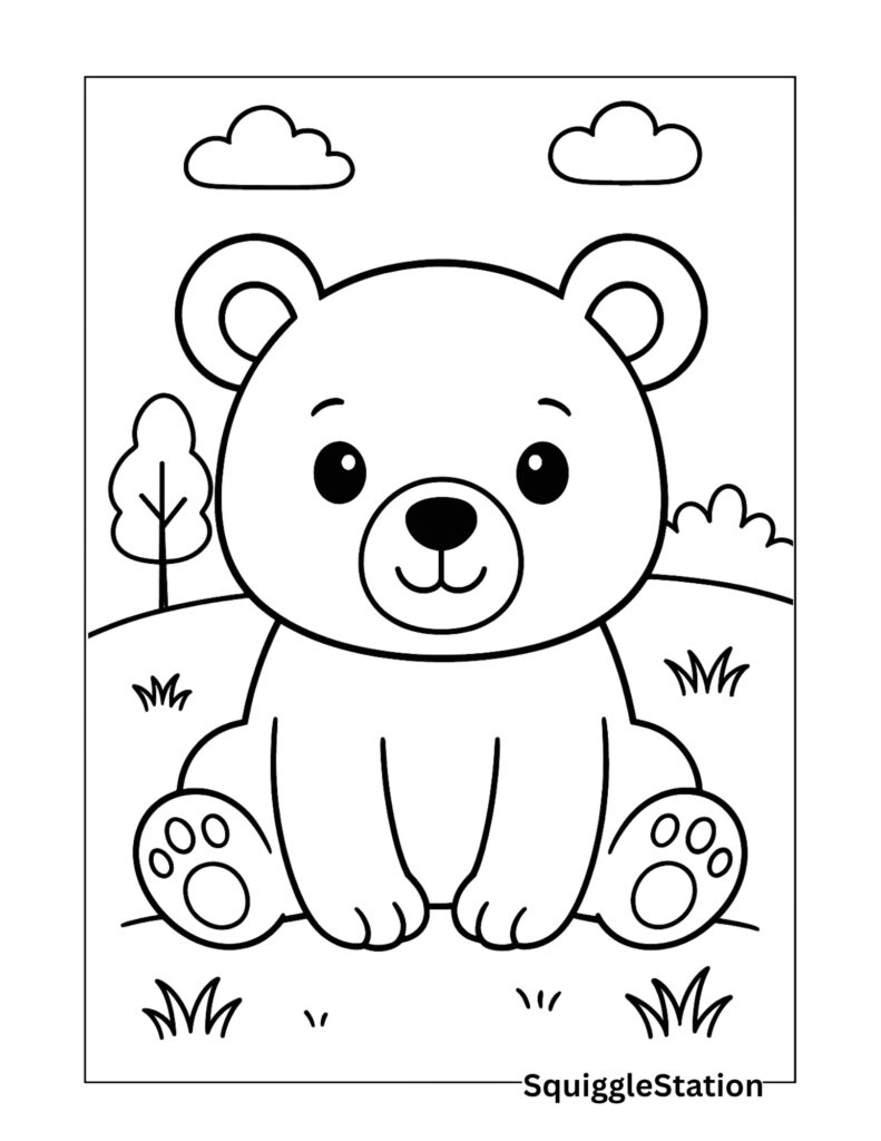 Cute bear coloring page featuring an adorable bear cub in a simple woodland scene, free printable coloring sheet for kids.