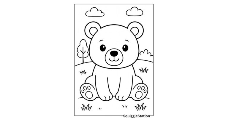 Cute bear coloring pages featuring adorable woodland bears, free printable coloring sheets for kids.