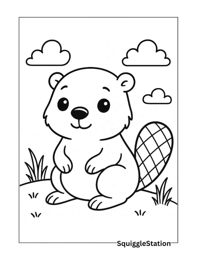 Cute beaver coloring page with a simple woodland scene, free printable coloring sheet for kids.