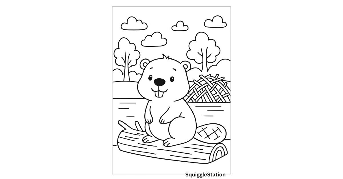 Cute beaver coloring pages featuring adorable woodland beavers, free printable coloring sheets for kids.