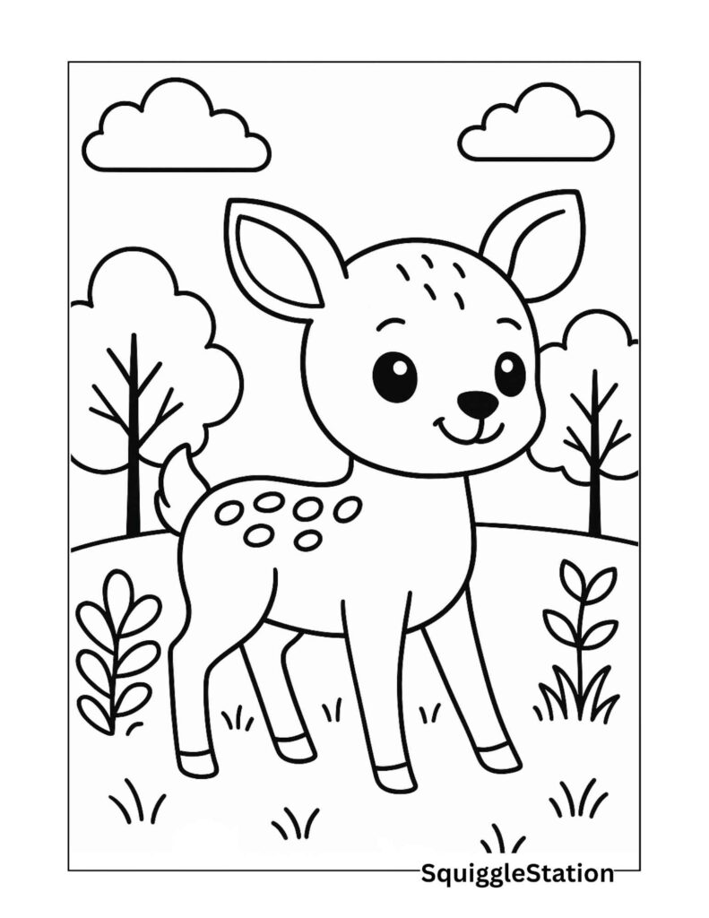 Cute woodland deer coloring page featuring a smiling fawn in a simple forest scene, free printable PDF for kids.